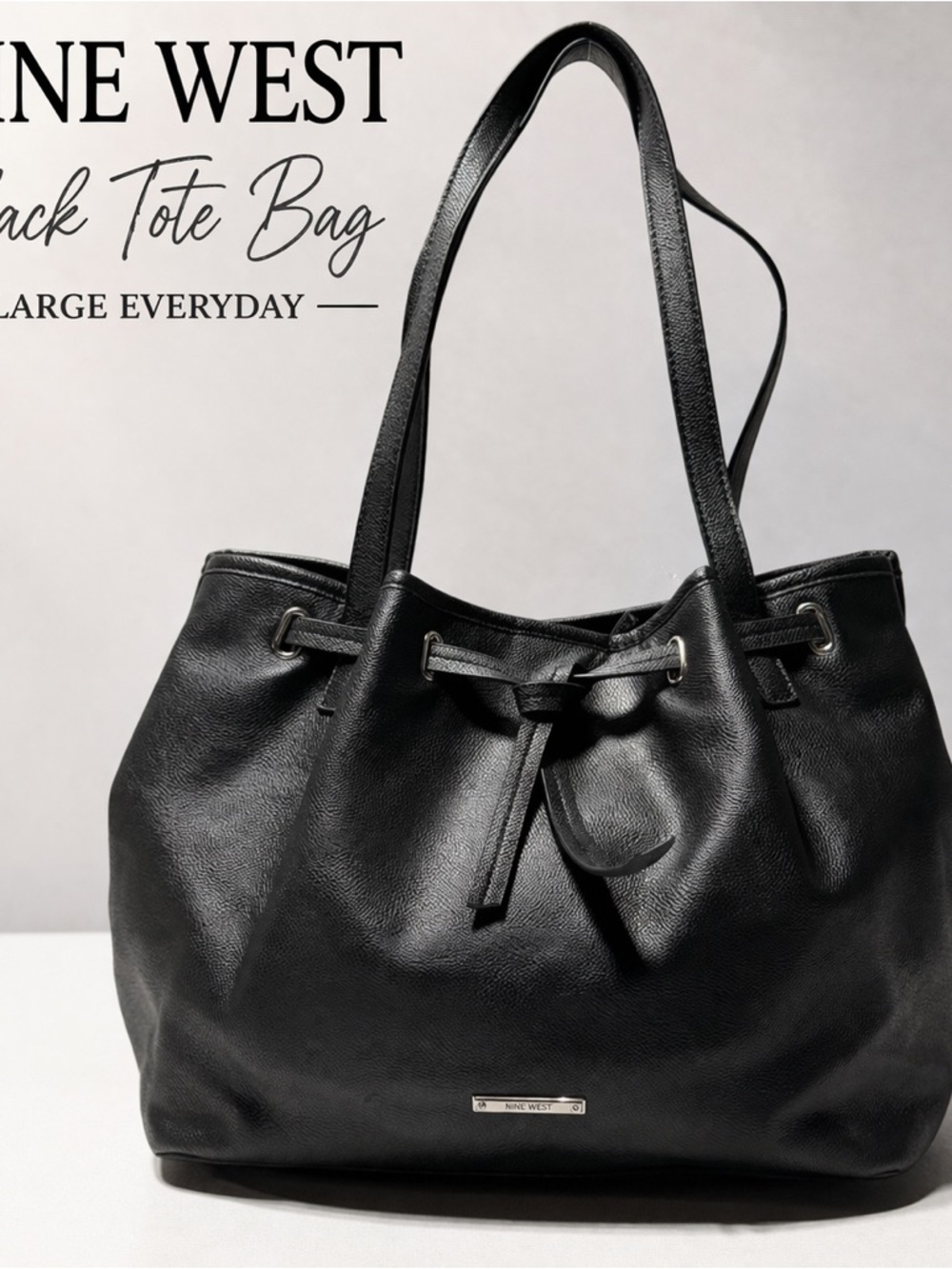 Nine West Black Leather Drawstring Tote
